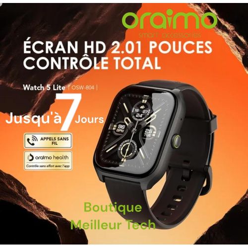 Oraimo Watch 5 Lite HD 2,01 pouces - Montre intelligente IP68 - Montre Connectée Faite Appel