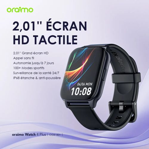 Oraimo Watch 4 Plus - Montre Connectée Appels Bluetooth Notifications Ecran Incurvé 2.01" Etanche