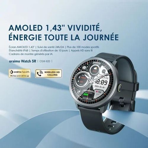 Oraimo Watch 5R /OSW-820/ - Montre intelligente Amoled IP68 de 1,43 pouces Appel HD Sans Fil