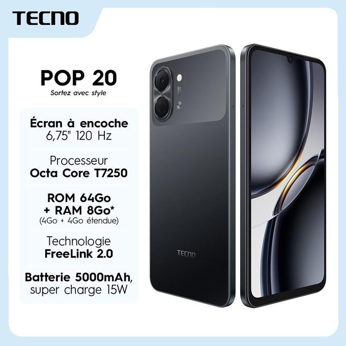 Tecno POP 20 - 6,67 Pouces - 64Go ROM - (4+4)GO RAM - 4G - 2 SIM - 8MP/13MP - 5000MAH - NOIR